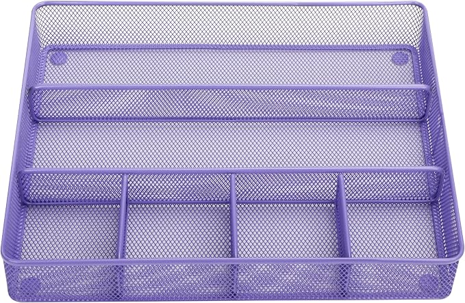 Annova Desk Top Organizer Tray for Office Organization - Metal Mesh - Storage Tray with Dividers for Pens, Desktop Accessories, Bathroom, Kitchen, Makeup and Office Supplies (Large, Purple)