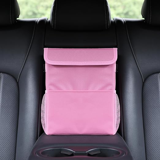 AOKJOY Car Garbage can with lid Leak Proof Vehicle Trash Can 3 Storage Pockets Hanging Waterproof car Trash Bag for SUV Pink