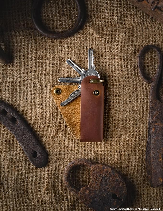 Crazy Horse Craft, Leather Key Holder, Keychain, Minimalist Keyring, Fob, EDC Organizer Cover Sleeve Finder Bag Tag Case