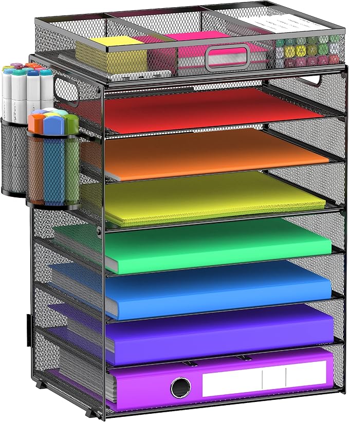 8 Tier Paper Letter Tray Organizer with Handles, Mesh Desk File Holder Storage Organization for Home School Classroom & Office (Black-with Drawer,Pen Holders)