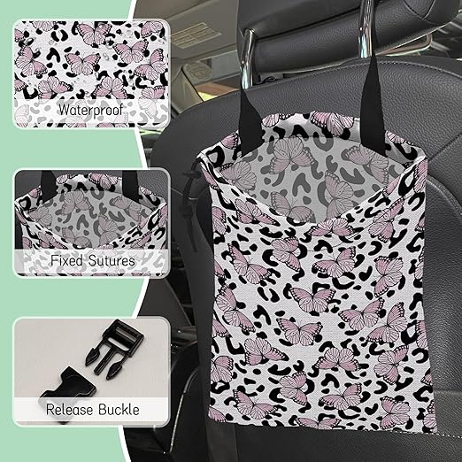 Butterfly Car Garbage Bag,Leopard Waterproof Small Car Trash Bag Hanging Back of Seat,Drawstring Hanging Car Trash Bag with Adjustable Buckle for Car Accessories