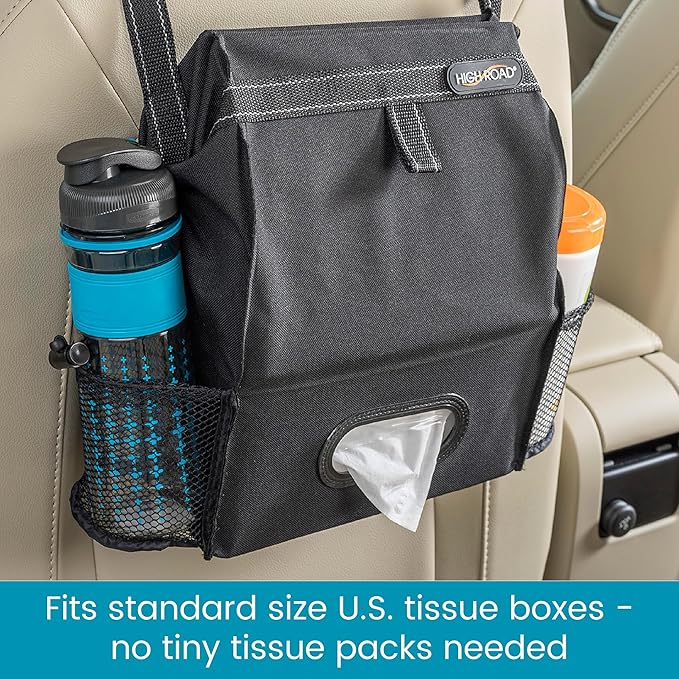 High Road Car Organizer with Car Trash Bag and Tissue Holder - Holds Full Size Tissue Box, Bottles and Wipe Containers - 2 Gal Leakproof Covered Car Trash Can with Push-Close Lid