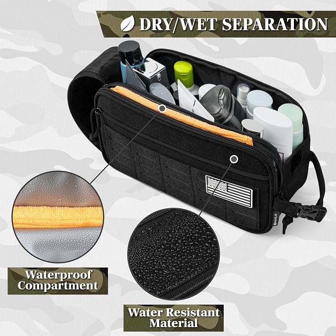 PAVILIA Tactical Toiletry Bag for Men, Water Resistant Molle Military Dopp Kit, Travel Hygiene Organizer with Wet Dry Storage for Shaving, Grooming, Gym and Camping, Black XL