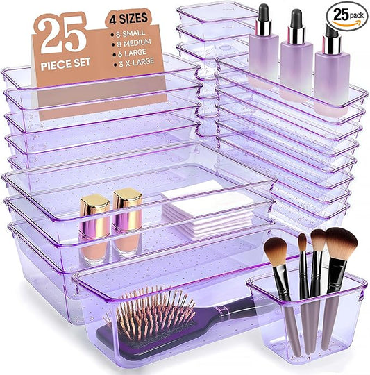Kitchen Desk Drawer Organizers Storage for Office, Small Acrylic Vanity Trays Makeup Organizer for Drawer Bathroom Plastic Make up Organizers 25 Pcs Clear Purple