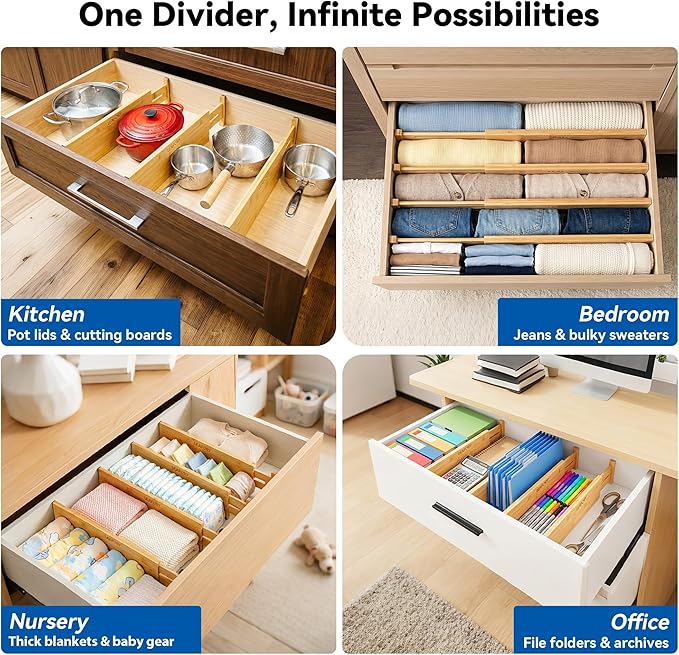 4 Pack Deep Drawer Dividers, 6" High Bamboo Expandable Drawer Organizers, 17-22" Adjustable Tension Separators, Large Drawer Dividers for Kitchen, Bedroom Dresser, Baby Nursery & Bathroom