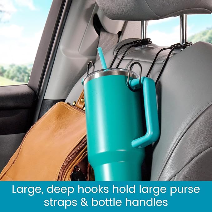 High Road Metal Car Hooks for Purses and Bags - Unbreakable Headrest Car Hooks for Large Purse Straps and Heavy Bags up to 40 lbs - Secure Attachment Loops Fit All Headrest Posts (Single Hook 4-Pack)