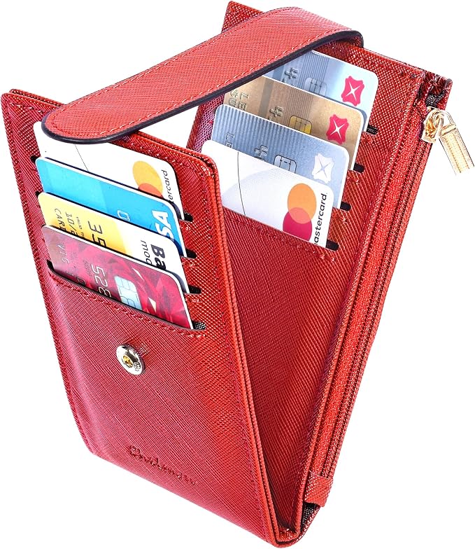 Chelmon Womens Wallet Slim RFID Blocking Bifold Multi Card Case Wallet with Zipper Pocket (Red)