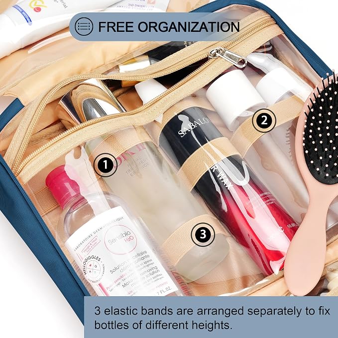 COOSKY Travel Hanging Toiletry Bag for Women, Large Makeup Bag 8 Leak Proofing Silicone Bottle Covers, Waterproof Cosmetic Bag with Jewelry Organizer Compartment, Toiletries Kit Set, Navy Blue