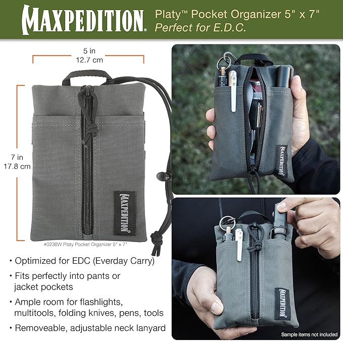 MAXPEDITION Platy Pocket Organizer, Durable EDC Tool Pouch for Men, Neck Wallet with Paracord Lanyard, Holds Flashlight, Multitool, Pen, Notebook