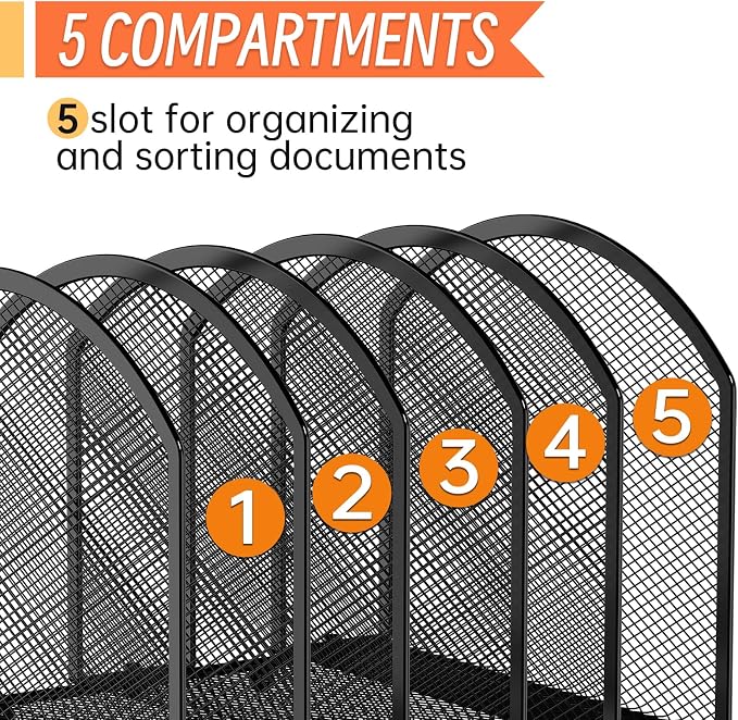 MINDEPOT Desk File Organizer 5 Sections Desktop Organizer File Mail Sorter Office Organization File Folder Holder for Office School & Classroom (Black, 5 Section - 2Pack)