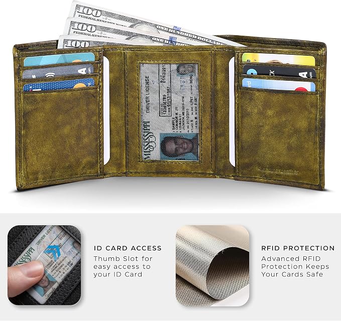 Tri fold Leather Wallet for Men with RFID | Slim Wallets for Men with 1 ID and 6 Credit card slots | Front Pocket Minimalist