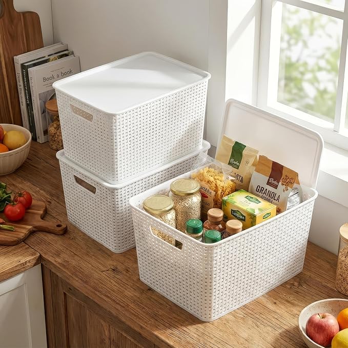 BINO | Plastic Storage Baskets with Lids, 22 Liter - 3 Pack, White | THE WOVEN COLLECTION | Storage Basket for Shelves | Woven Storage Baskets for Organizing Bins Pantry Shelf Organizer Container Bin