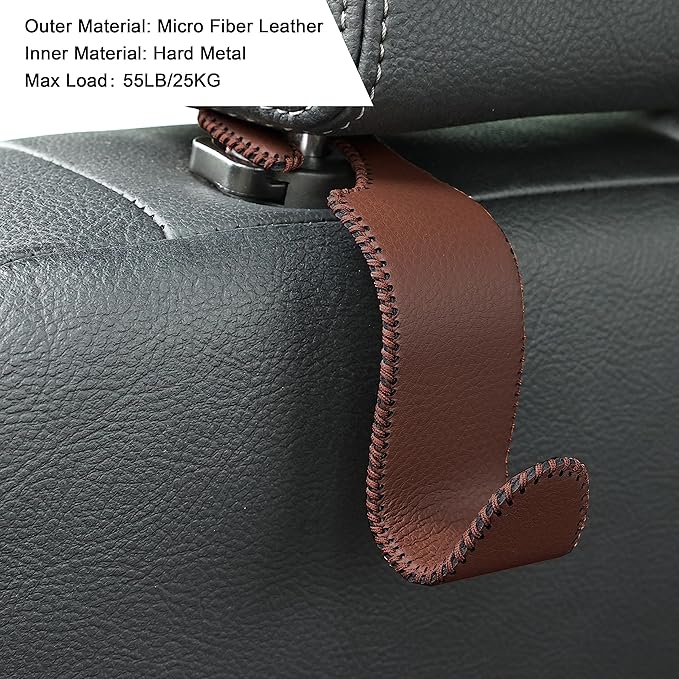 Amooca Car Seat Headrest Hook Universal Vehicle Storage Hanger Leather with Metal Car Seat Back Organizer for Handbag Purse Coat Brown 2 Pack
