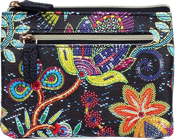 Julia Buxton Vegan Leather Wallet with Zipper, ID Windows, RFID Blocking, Card Slots & Key Ring, Compact Coin & Card Holder Case, Gift Idea,Sequin Flower