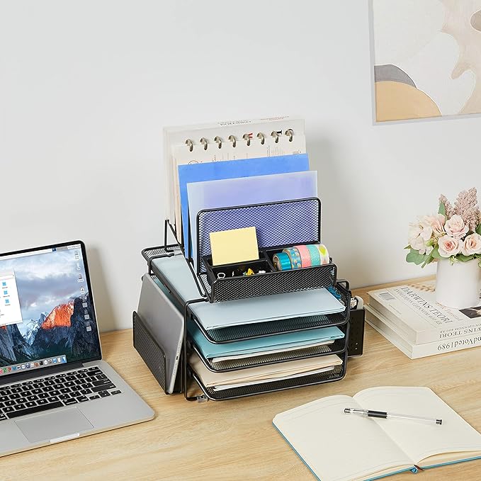 DESIGNA Stackable Mesh Desk Organizer with 3 Sliding Letter Tray Drawers, 4 File Holders Sorter Section, 2 Side Compartments, Pencil Holder Non-slip All In One Desktop Organizers Office Storage, Black