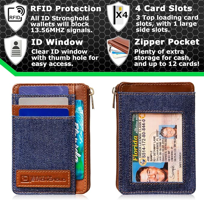 ID Stronghold RFID Blocking Front Pocket Wallet – Slim Minimalist Genuine Leather Wallet with Zipper Coin Pocket (Denim)