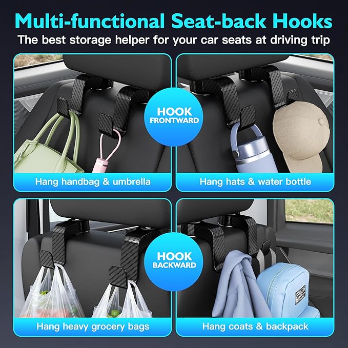Amooca Car Seat Hooks Anti-drop Headrest Storage Hanger Universal Fit Automotive Organizer for Purse Bag Coat 2 Pack (Black Checkered)