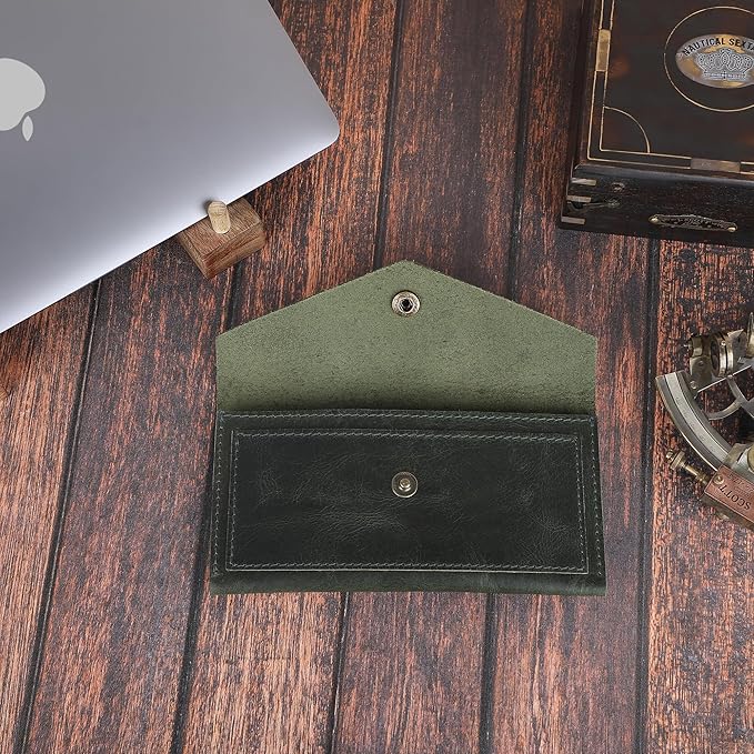 Green Leather Money Bag Wallets for Women - Handcrafted Leather Cash Envelopes for Budgeting Binder - Currency Holder Money Bag for Cash, Money Organizer for Cash Travel Purses for Women