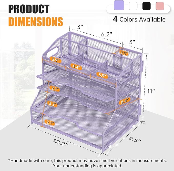 YINGHUA 5 Tier Paper Tray Letter Organizer with Top 6 Adjustable Compartments - Paper Sorter Office Desktop Accessories with Handles for Document,Mail,School Supplies Storage,Purple