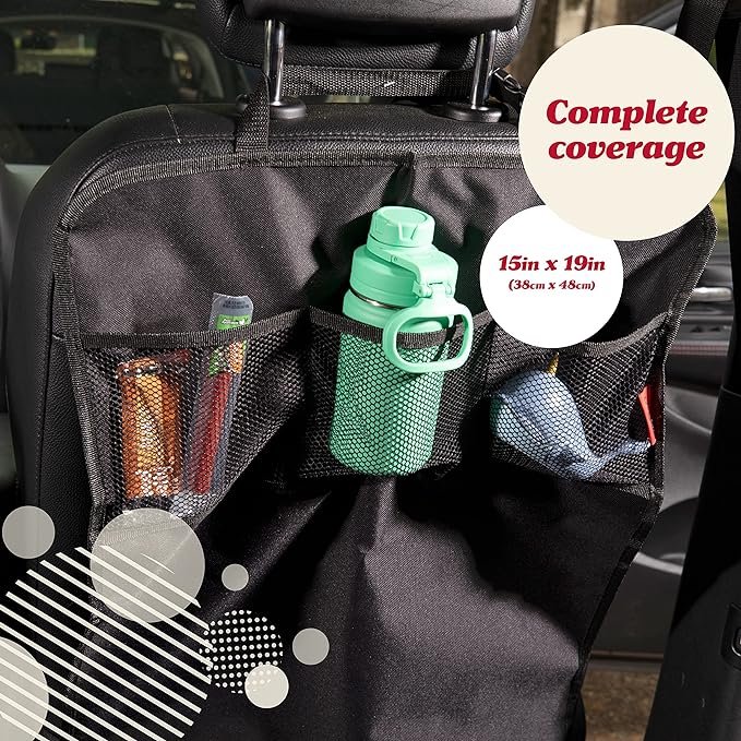 Lusso Gear Seat Back Protector - 2-Pack Kids Kick Mat & Car Seat Organizer - Waterproof Oxford Backseat Cover - 3 Mesh Pockets for Car Organization, Black