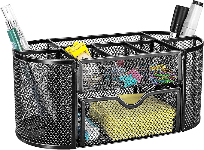 Amazon Basics Mesh Desk Organizer with Pen Holder, Pullout Drawer and Office Caddy Storage, 9.25" x 4.53" x 3.94", Black