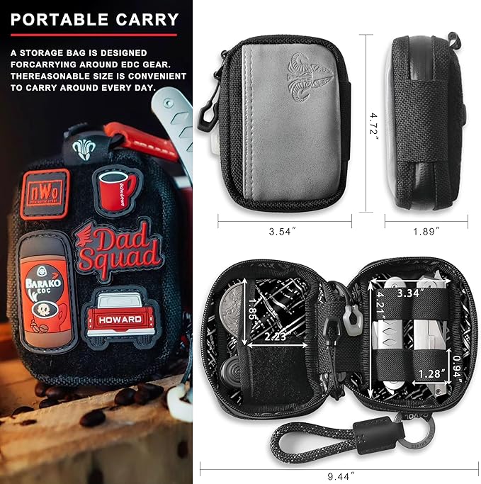 EDC Pouch,Nylon Pocket Organizer for 4.21" Folding Knife Sheath,Small Organizer Pouch Multitool Bags,GITD Drawstring and Titanium Keychain Accessories (patch not included)(Grey)