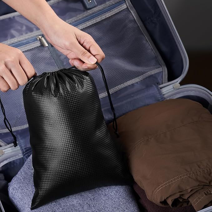 PALTERWEAR Tech-Weave PU-Coated Drawstring Bags (Set of 5) Water-Resistant, Directional-Stretch Travel Organizers for Gym, Shoes, Toiletries, Tech Gear - Durable, Wipe-Clean (Black 3D, 10 x 15 Inch)
