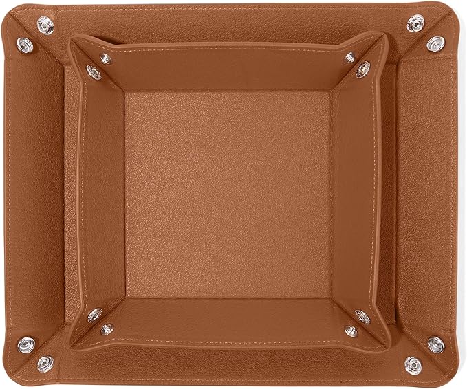 Leatherology Cognac Leather Valet Tray Set – Rectangle & Square Catchall Trays with Snap Construction, Travel-Friendly Design & Stitched Edges – Desk or Dresser Organizer