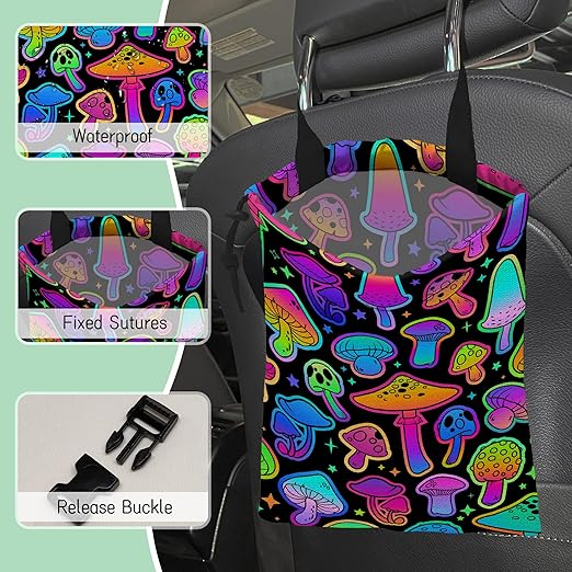 Bright Mushrooms Car Garbage Bag,Colorful Mushroom Waterproof Small Car Trash Bag Hanging Back of Seat,Drawstring Hanging Car Trash Bag with Adjustable Buckle for Car Accessories