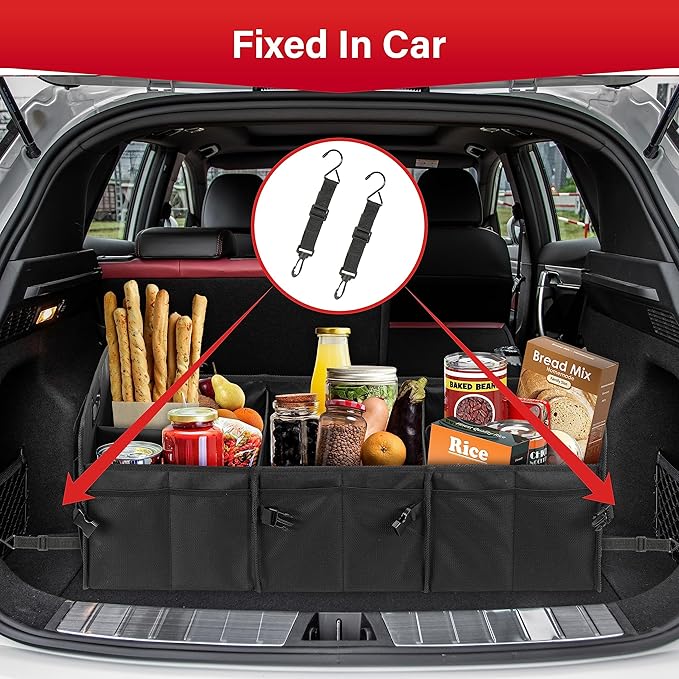 Simple Deluxe Trunk Organizer for Car, 95L Large Capacity, Collapsible Multi Compartment Automotive SUV Accessories, Adjustable Strap & Non Slip Bottom, for Travel/Home/Office, Black Newv