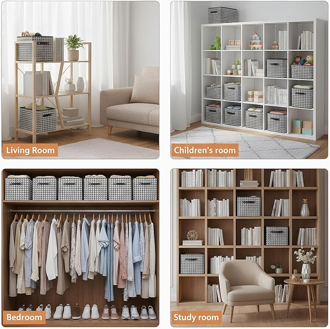 3 Pack Large Collapsible Storage Baskets for Shelves,14.9"x9.5" Fabric Closet storage Boxes with Leather Handles,Decorative Organizers Storage Bins for Clothes,Sheets,Toys,Books,(Houndstooth