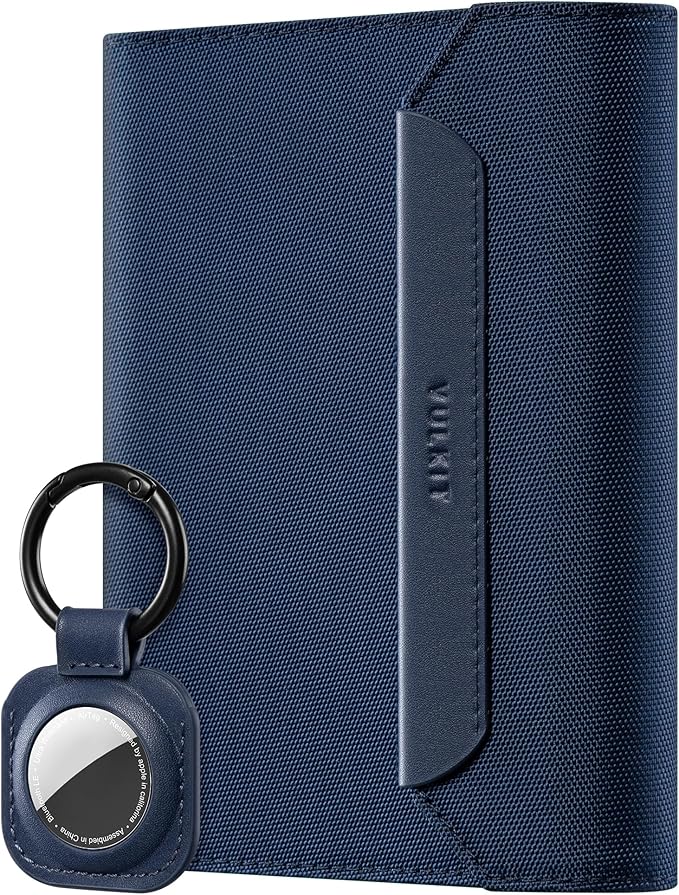 VULKIT Passport Wallet with Detachable AirTag Holder, Vegan Leather Passport Holder, RFID Blocking, Travel Essential, Magnetic Closure, Blue
