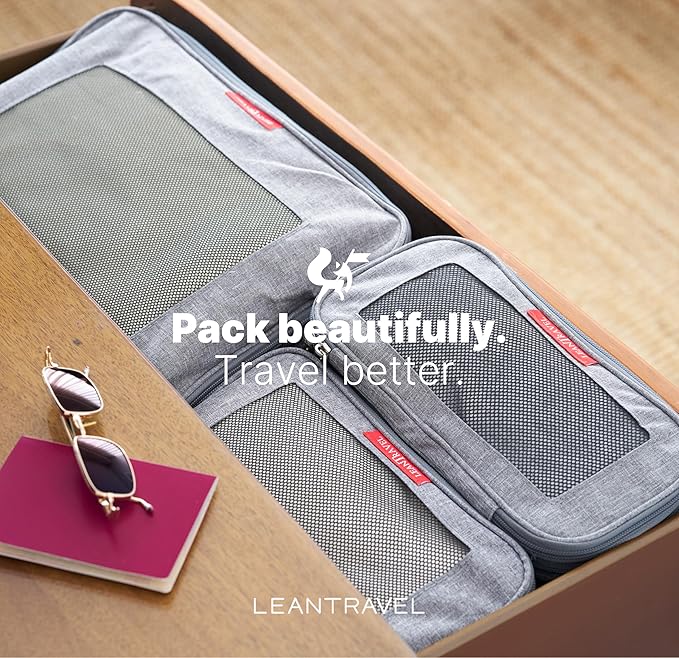 LeanTravel Premium Compression Packing Cubes for Travel - Suitcase Organizer Bags with Double Zipper & Breathable Mesh Panel - Space Saving Carry On Luggage Essentials (1 Medium Bag, Grey)