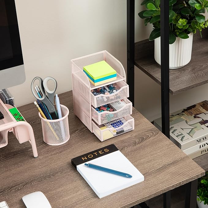 Mind Reader Desktop Accessory Storage, Paper Binder Clip Basket, Workspace, Office, Metal Mesh, 4.75"L x 5"W x 8"H, Pink