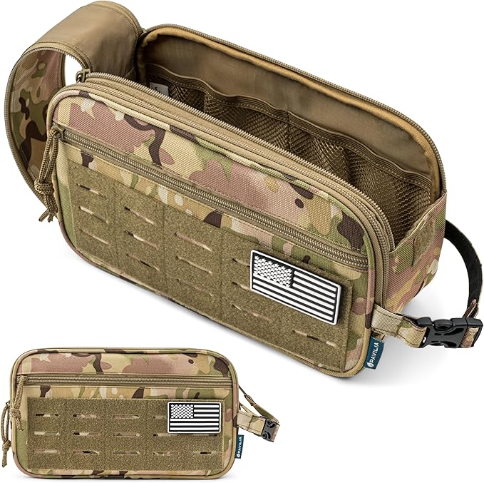 PAVILIA Tactical Toiletry Bag for Men, Water Resistant Molle Military Dopp Kit, Travel Hygiene Organizer with Wet Dry Storage for Shaving, Grooming, Gym and Camping, Camo XL