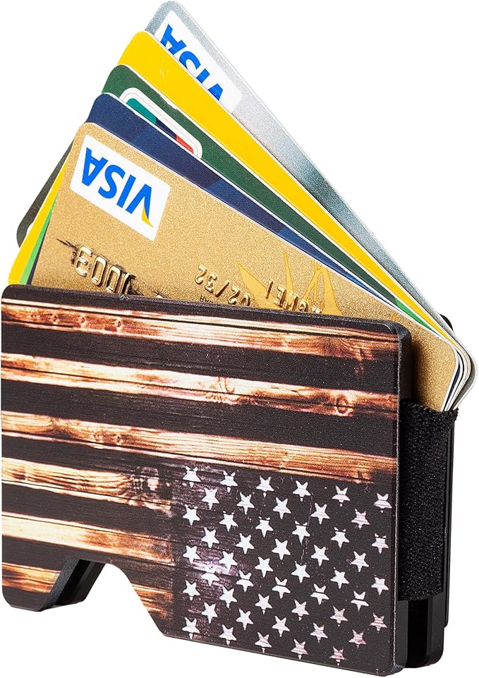 Slim Wallet for Men,RFID Blocking Minimalist Metal Wallet, Money Clip/Cash Holder, Front Pocket Aluminum Credit Card Holder, Ideal Gift for Men,Wood American USA Flag