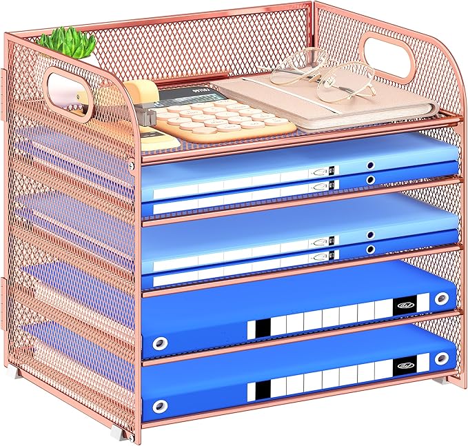 Paper Organizer Letter Tray with Handle Mesh 5 Trays Desk File Organizer Paper Sorter Desk Organizer for Office, Home or School-Rose Gold