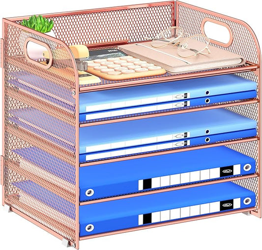 Paper Organizer Letter Tray with Handle Mesh 5 Trays Desk File Organizer Paper Sorter Desk Organizer for Office, Home or School-Rose Gold