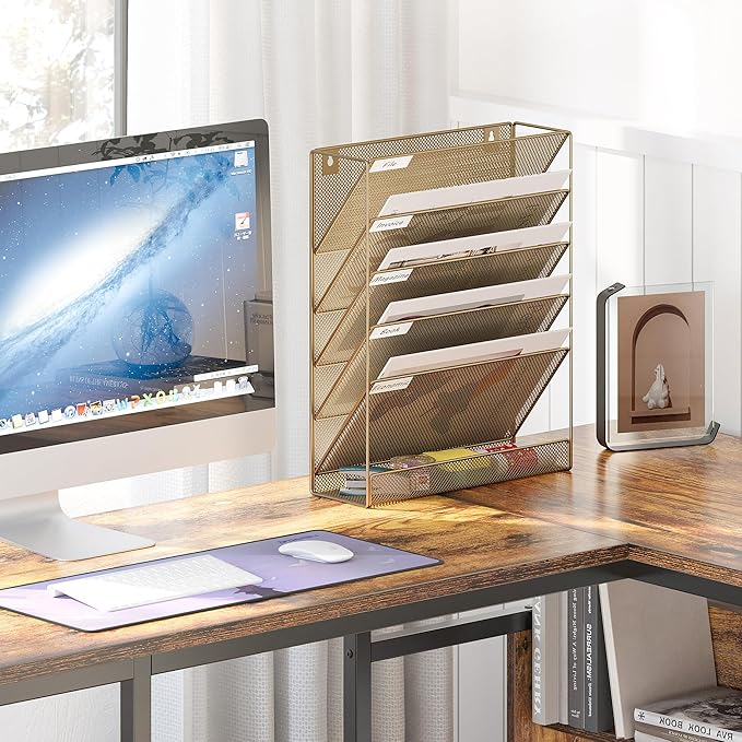 EasyPAG 5 Tier Wall File Holder, Mesh Hanging Folder Organizer with Classify Label, Versatile Desk File Holder, Vertical Wall Mounted Mail Organizer for Office Home Cubicle, Gold