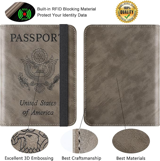 Passport Holder for Travel Essentials Wallet Rfid Blocking Cover Leather Case Vacation Travel Accessories for Women Men (602#Grey)