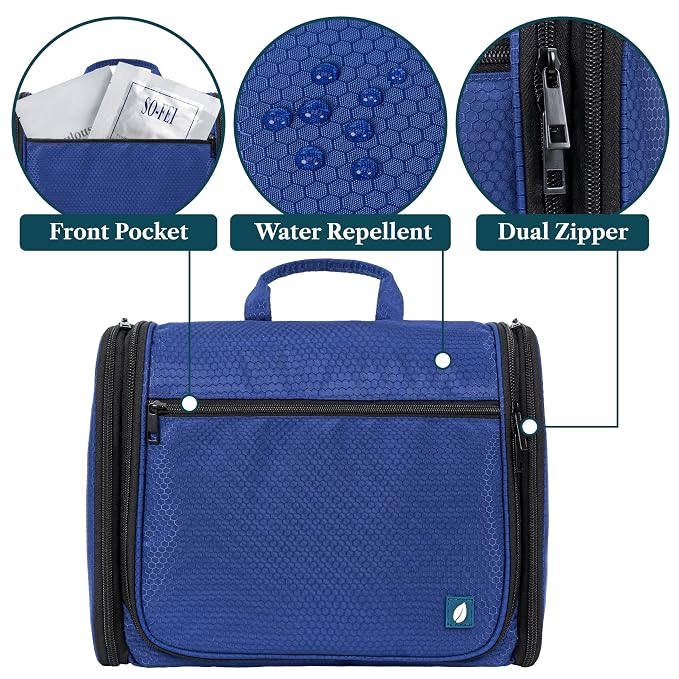 PAVILIA Large Hanging Toiletry Bag for Men, Travel Toiletry Organizer with 10 Compartments, Swivel Hook and 3 Leakproof Pockets, Water Resistant Shaving Kit Case, Packs Flat, Blue