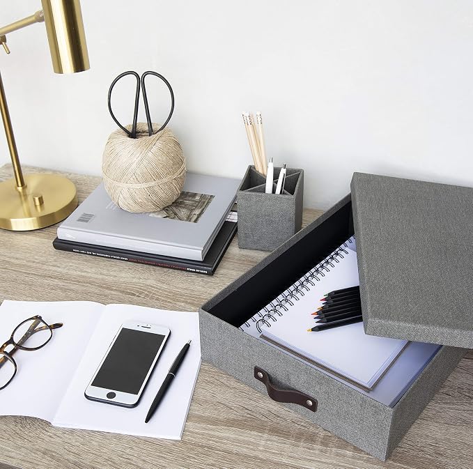Bigso Oskar Canvas Fiberboard Document Letter Box - File Organizer Box for Important Paperwork - Document Storage with a Lid & Leather Handle - 3.3 in x 10.2 in x 13.8 in - Gray