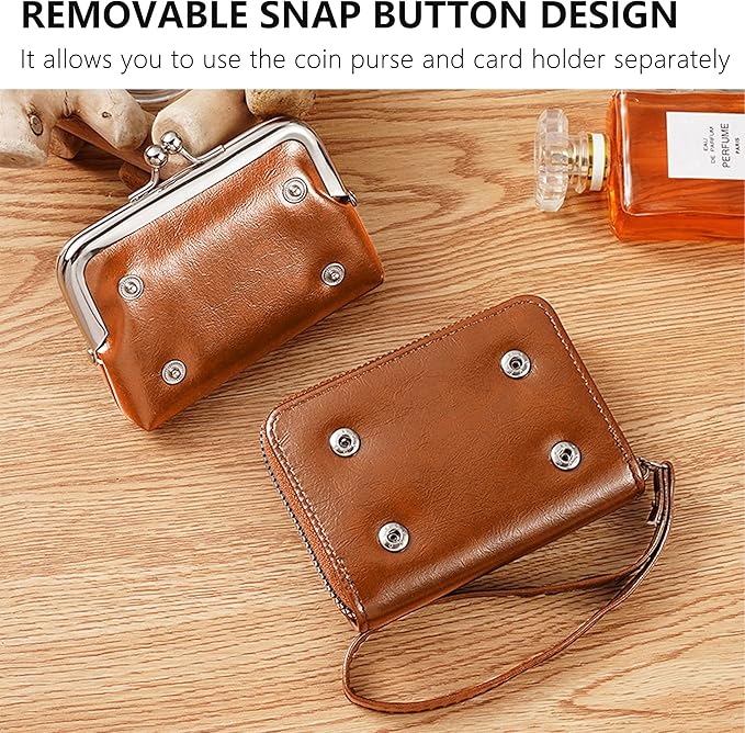 2 in 1 Credit Wallet, Purse Wallets for Women, Ladies Coin Pouch With Card Slot, Women's Vintage Change Holder with Kiss Lock and Zipper Lanyard (PU Brown, Small)