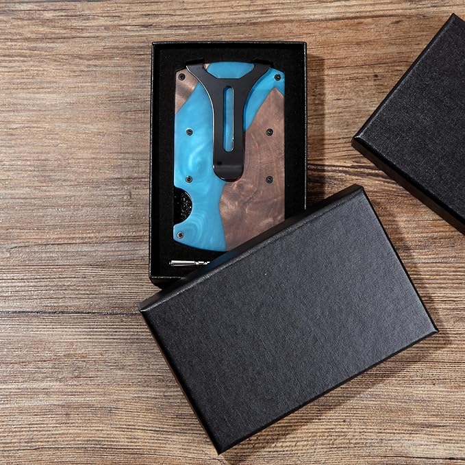 Slim Wallet for Men,RFID Blocking Minimalist Metal Wallet, Money Clip/Cash Holder, Front Pocket Aluminum Credit Card Holder, Ideal Gift for Men,Resin Light Blue-Wood