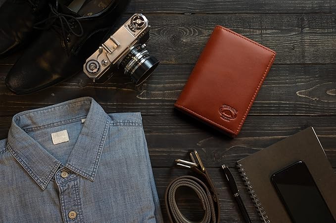 Stealth Mode Men's Slim Front Pocket Wallet - RFID Blocking, Thin Minimalist Bifold Design, Genuine Leather - ID Badge Window and 5 Sleeves for Money, Credit and Debit Cards, Driver's License - Brown