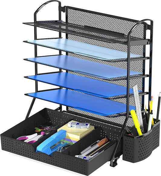 Simple Houseware 6-Tier Desk Document File Tray Organizer with Supplies Sliding Drawer, Black