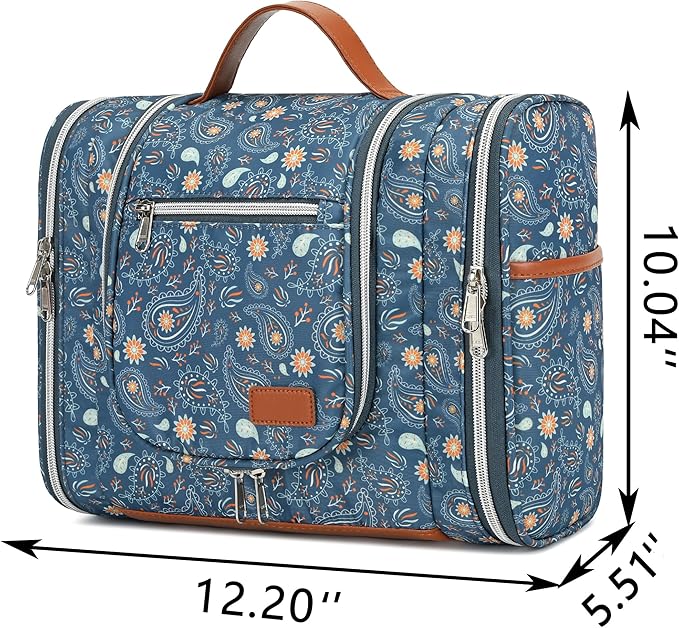 Hanging Toiletry Bag for Women, Travel Makeup with Metal Swivel Hook, Organizer for Full Sized Cosmetics and Toiletries,Water-Resistant Nylon,Paisley Floral