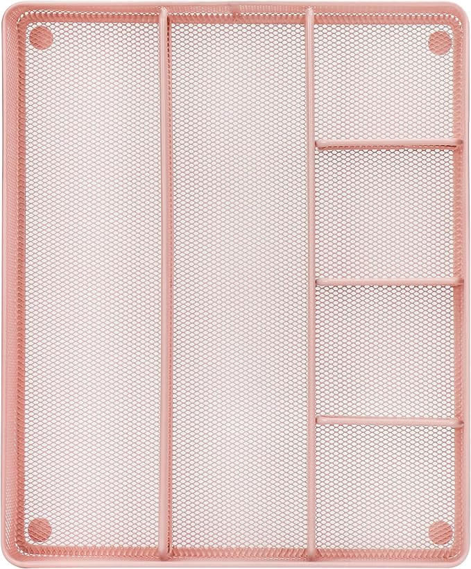 Annova Desk Top Organizer Tray for Office Organization - Metal Mesh - Storage Tray with Dividers for Pens, Desktop Accessories, Bathroom, Kitchen, Makeup and Office Supplies (Large, Light Pink)