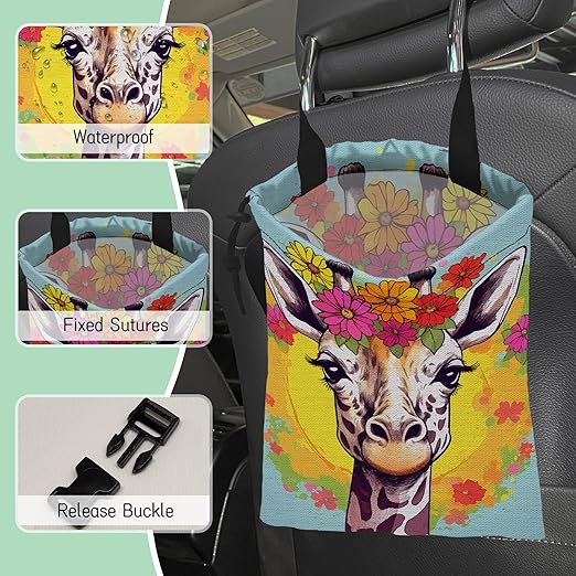 Cute Giraffe Car Garbage Bag,Splash Floral Waterproof Small Car Trash Bag Hanging Back of Seat,Drawstring Hanging Car Trash Bag with Adjustable Buckle for Car Accessories