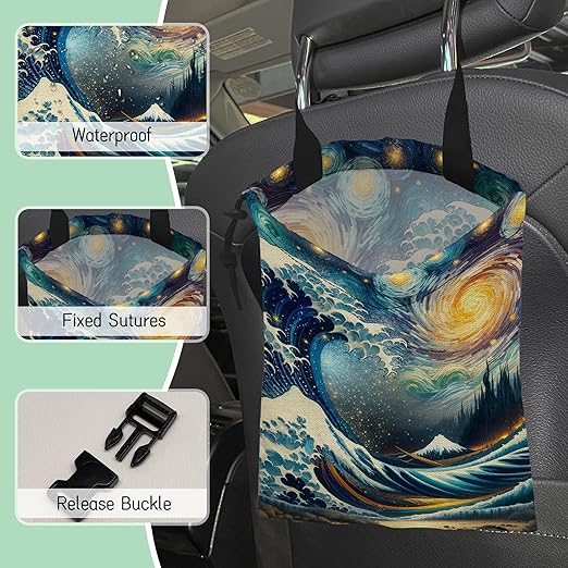 Sea Wave Car Trash Bag,Night Starry Sky Hanging Drawstring Car Garbage Bag,Waterproof Canvas Car Back Seat Organizer with Adjustable Buckle,for Vehicles,SUVs,Camping,Road Trips